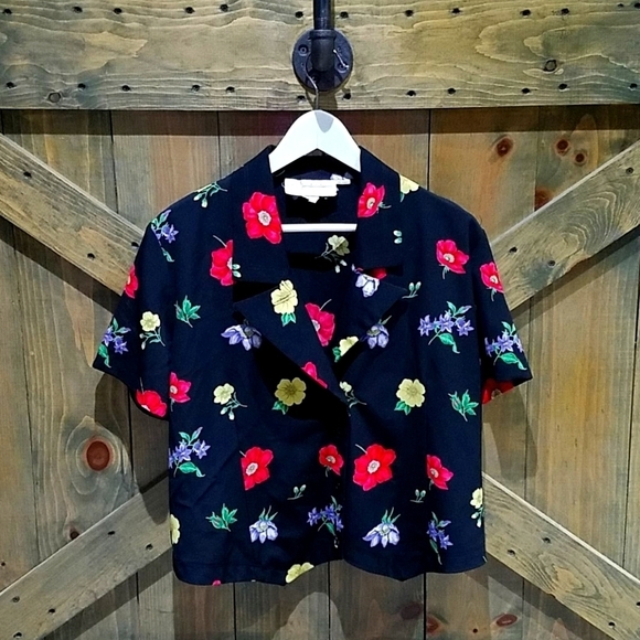 VINTAGE BLACK FLORAL BUTTON DOWN TOP 80s 90s Y2K - Picture 1 of 8